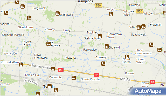 mapa Pawłowice gmina Teresin, Pawłowice gmina Teresin na mapie Targeo