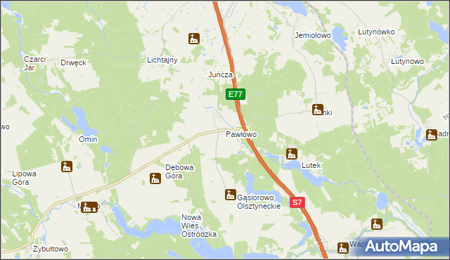 mapa Pawłowo gmina Olsztynek, Pawłowo gmina Olsztynek na mapie Targeo