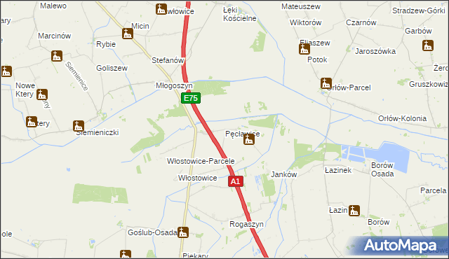 mapa Pęcławice gmina Piątek, Pęcławice gmina Piątek na mapie Targeo