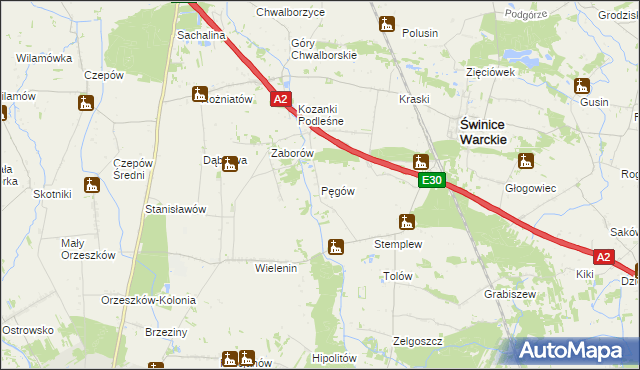 mapa Pęgów gmina Uniejów, Pęgów gmina Uniejów na mapie Targeo