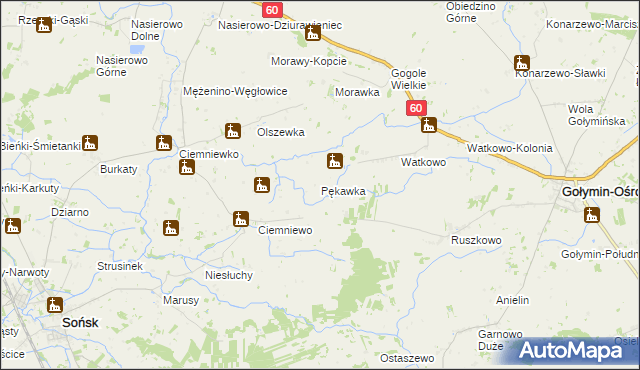 mapa Pękawka gmina Sońsk, Pękawka gmina Sońsk na mapie Targeo