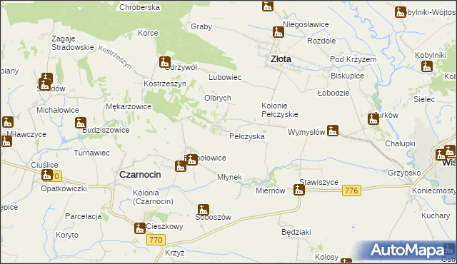 mapa Pełczyska gmina Złota, Pełczyska gmina Złota na mapie Targeo