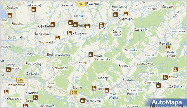 mapa Pewel Ślemieńska, Pewel Ślemieńska na mapie Targeo