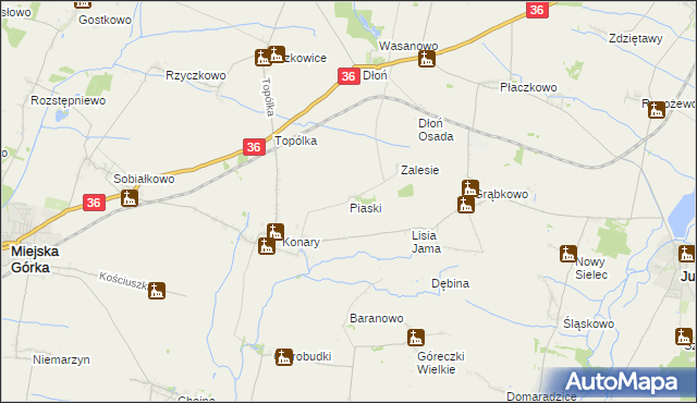 mapa Piaski gmina Miejska Górka, Piaski gmina Miejska Górka na mapie Targeo