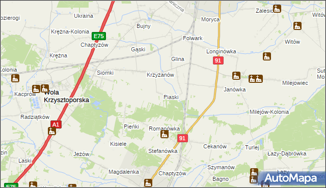 mapa Piaski gmina Wola Krzysztoporska, Piaski gmina Wola Krzysztoporska na mapie Targeo