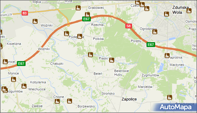 mapa Piaski gmina Zduńska Wola, Piaski gmina Zduńska Wola na mapie Targeo