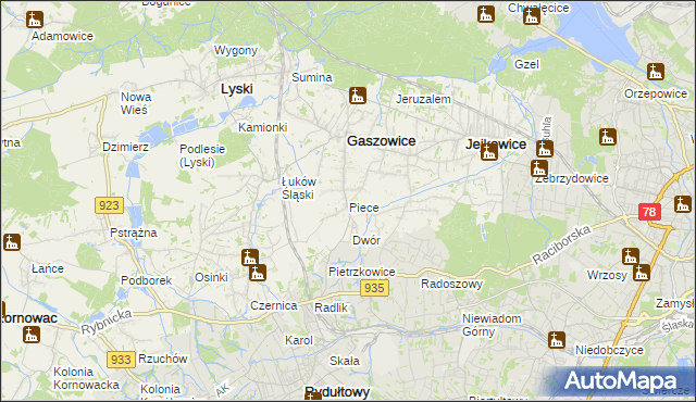 mapa Piece gmina Gaszowice, Piece gmina Gaszowice na mapie Targeo