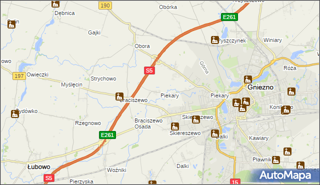 mapa Piekary gmina Gniezno, Piekary gmina Gniezno na mapie Targeo