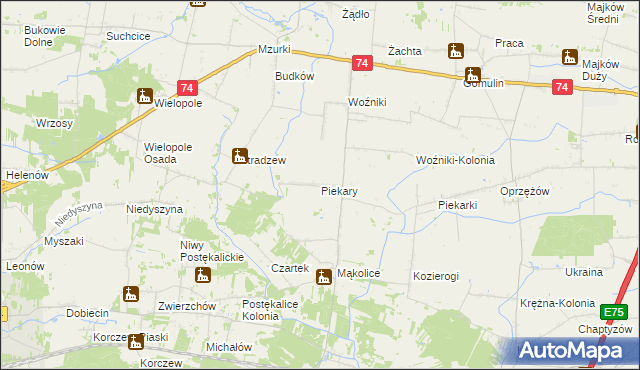 mapa Piekary gmina Wola Krzysztoporska, Piekary gmina Wola Krzysztoporska na mapie Targeo