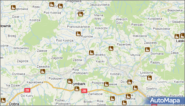 mapa Piekiełko gmina Tymbark, Piekiełko gmina Tymbark na mapie Targeo