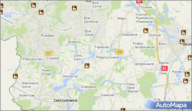 mapa Pielgrzymowice gmina Pawłowice, Pielgrzymowice gmina Pawłowice na mapie Targeo