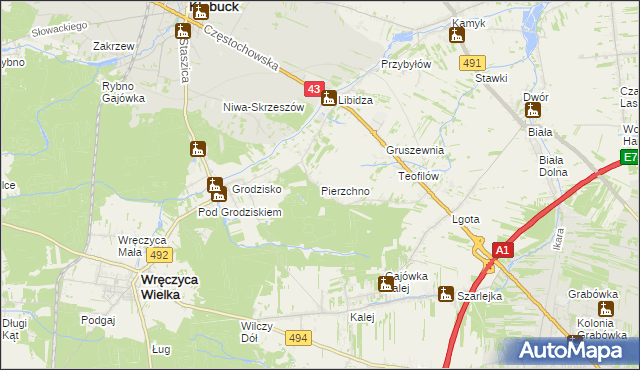mapa Pierzchno gmina Wręczyca Wielka, Pierzchno gmina Wręczyca Wielka na mapie Targeo