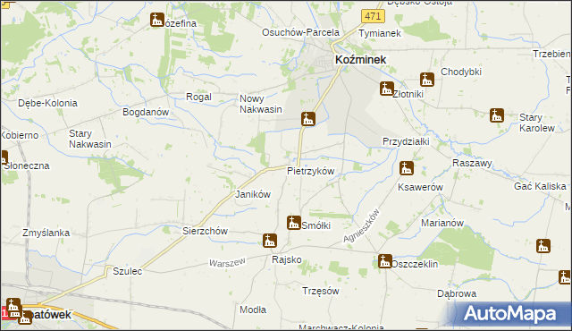 mapa Pietrzyków gmina Koźminek, Pietrzyków gmina Koźminek na mapie Targeo