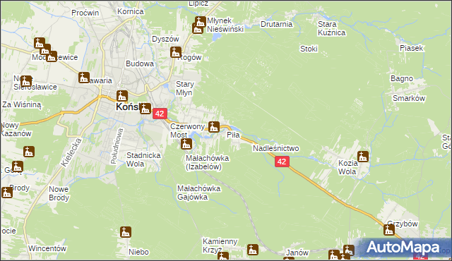 mapa Piła gmina Końskie, Piła gmina Końskie na mapie Targeo