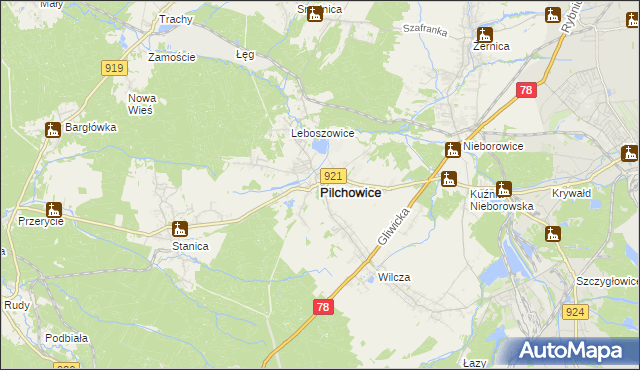 mapa Pilchowice powiat gliwicki, Pilchowice powiat gliwicki na mapie Targeo