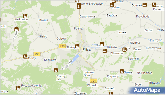 mapa Pilica powiat zawierciański, Pilica powiat zawierciański na mapie Targeo