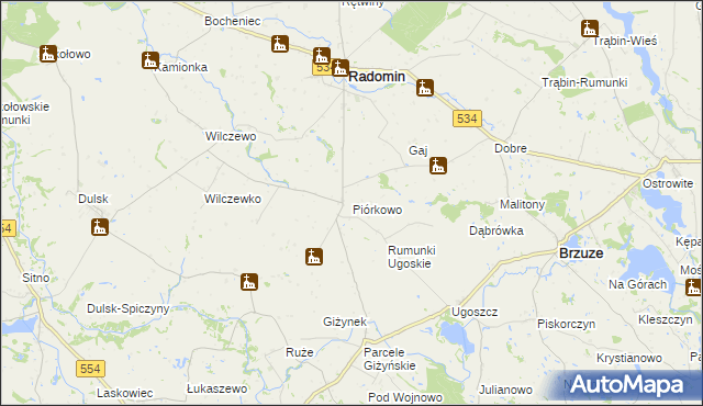 mapa Piórkowo gmina Radomin, Piórkowo gmina Radomin na mapie Targeo