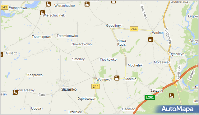mapa Piotrkówko gmina Sicienko, Piotrkówko gmina Sicienko na mapie Targeo
