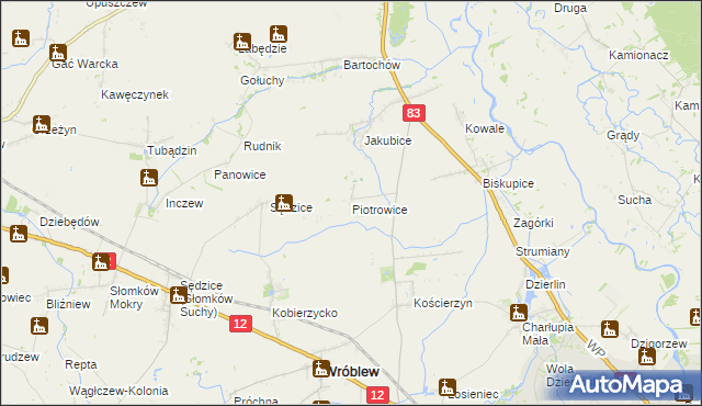 mapa Piotrowice gmina Warta, Piotrowice gmina Warta na mapie Targeo