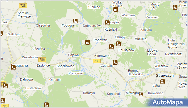 mapa Piotrowiec gmina Łopuszno, Piotrowiec gmina Łopuszno na mapie Targeo