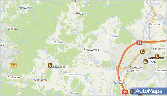 mapa Pisarzowice gmina Kamienna Góra, Pisarzowice gmina Kamienna Góra na mapie Targeo