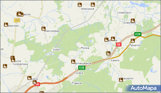 mapa Płonka gmina Sianów, Płonka gmina Sianów na mapie Targeo