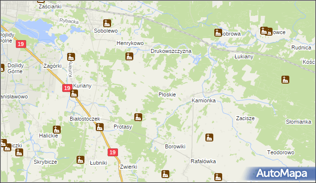 mapa Płoskie gmina Zabłudów, Płoskie gmina Zabłudów na mapie Targeo