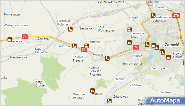 mapa Płoskie gmina Zamość, Płoskie gmina Zamość na mapie Targeo