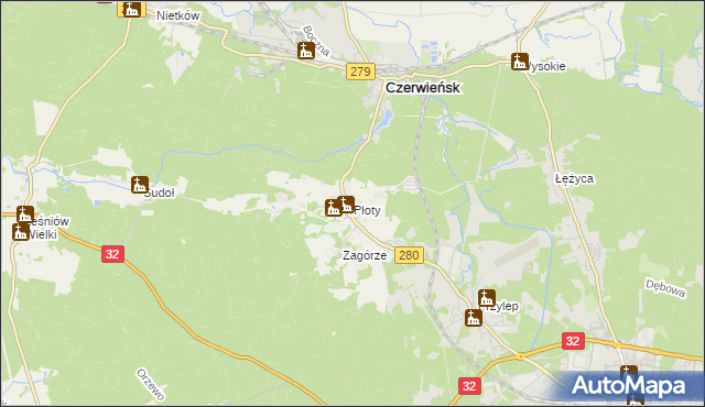 mapa Płoty gmina Czerwieńsk, Płoty gmina Czerwieńsk na mapie Targeo