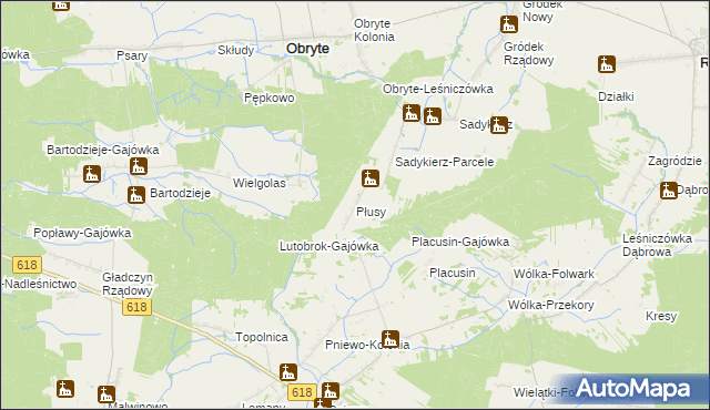 mapa Płusy gmina Obryte, Płusy gmina Obryte na mapie Targeo