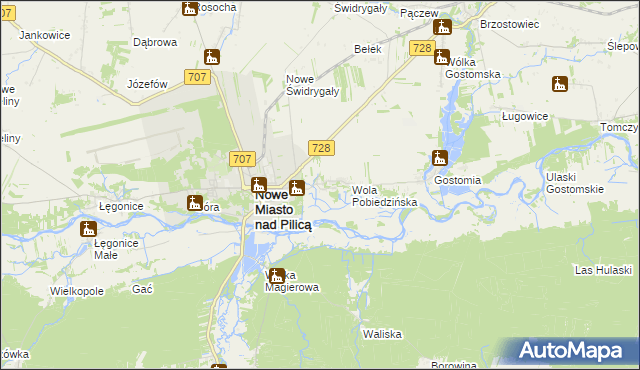 mapa Pobiedna gmina Nowe Miasto nad Pilicą, Pobiedna gmina Nowe Miasto nad Pilicą na mapie Targeo