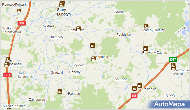 mapa Podbiele gmina Stary Lubotyń, Podbiele gmina Stary Lubotyń na mapie Targeo