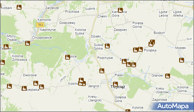 mapa Podchybie gmina Trzyciąż, Podchybie gmina Trzyciąż na mapie Targeo