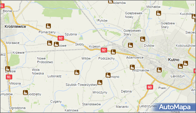 mapa Podczachy gmina Kutno, Podczachy gmina Kutno na mapie Targeo