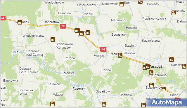 mapa Podgaj gmina Paradyż, Podgaj gmina Paradyż na mapie Targeo