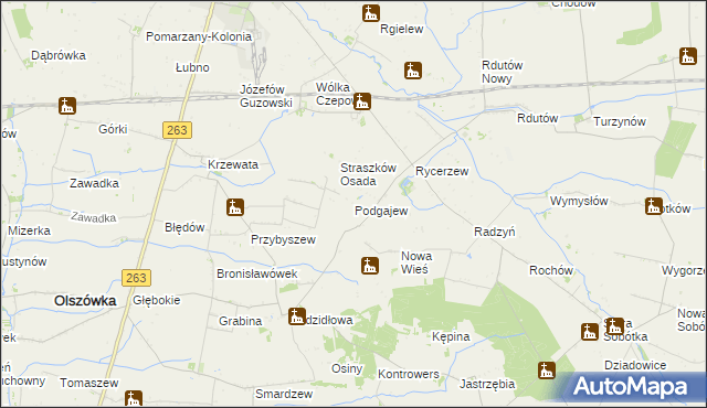 mapa Podgajew gmina Kłodawa, Podgajew gmina Kłodawa na mapie Targeo