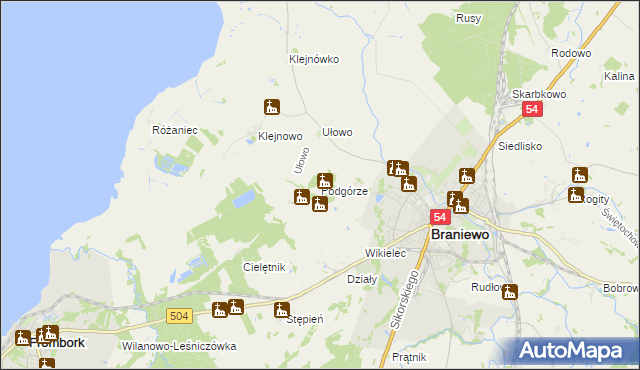 mapa Podgórze gmina Braniewo, Podgórze gmina Braniewo na mapie Targeo