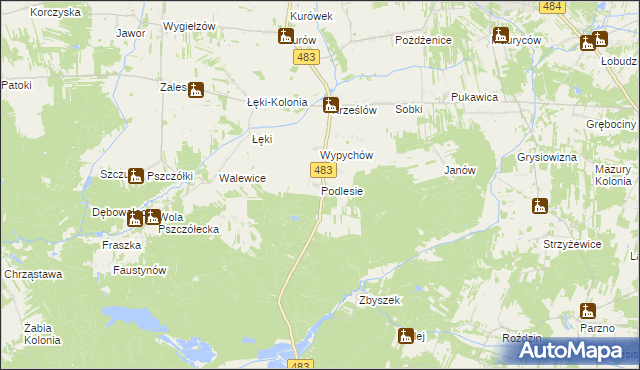 mapa Podlesie gmina Zelów, Podlesie gmina Zelów na mapie Targeo