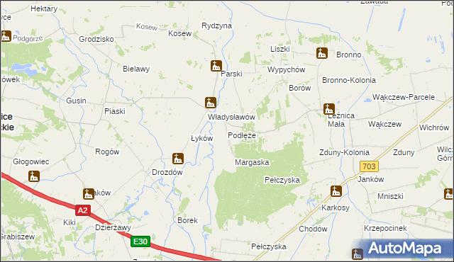 mapa Podłęże gmina Świnice Warckie, Podłęże gmina Świnice Warckie na mapie Targeo