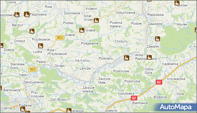mapa Podolany gmina Kalwaria Zebrzydowska, Podolany gmina Kalwaria Zebrzydowska na mapie Targeo