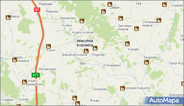 mapa Pogorzel gmina Wieczfnia Kościelna, Pogorzel gmina Wieczfnia Kościelna na mapie Targeo