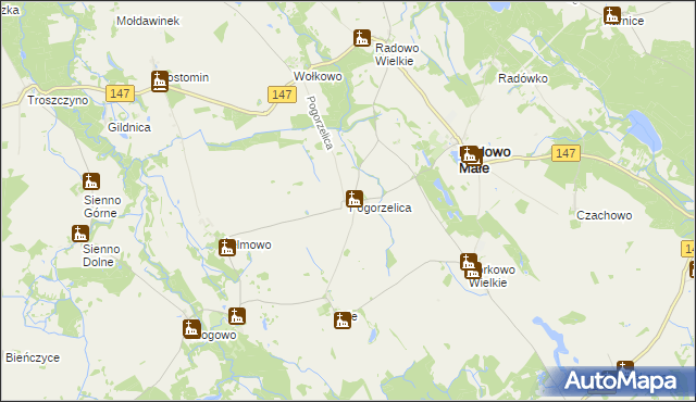 mapa Pogorzelica gmina Radowo Małe, Pogorzelica gmina Radowo Małe na mapie Targeo