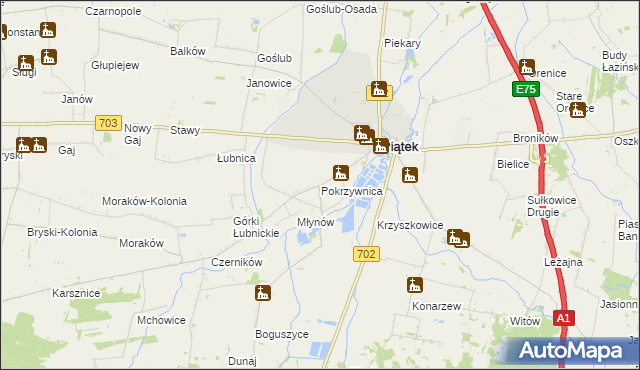 mapa Pokrzywnica gmina Piątek, Pokrzywnica gmina Piątek na mapie Targeo