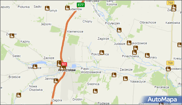 mapa Pokrzywnica gmina Wodzisław, Pokrzywnica gmina Wodzisław na mapie Targeo