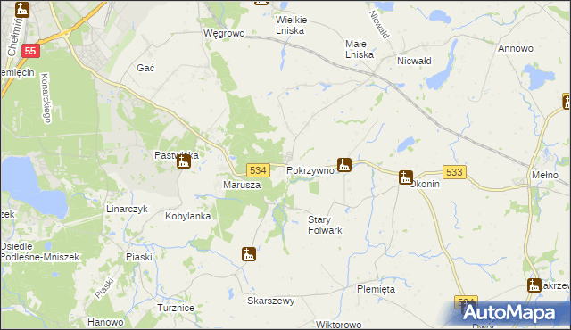 mapa Pokrzywno gmina Gruta, Pokrzywno gmina Gruta na mapie Targeo