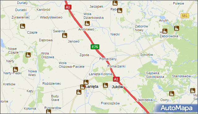 mapa Pomarzany gmina Łanięta, Pomarzany gmina Łanięta na mapie Targeo
