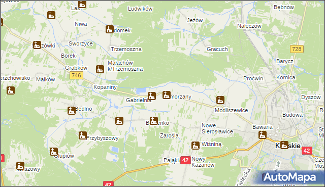 mapa Pomorzany gmina Końskie, Pomorzany gmina Końskie na mapie Targeo