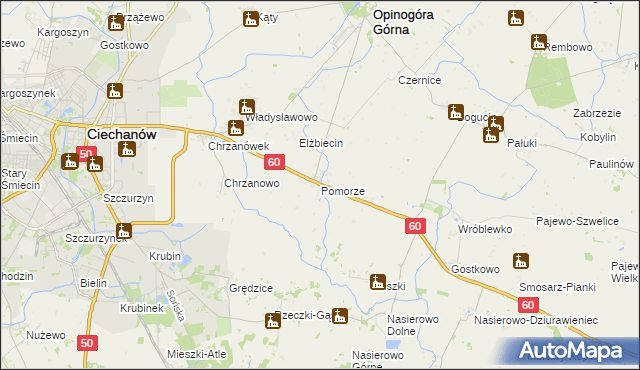 mapa Pomorze gmina Opinogóra Górna, Pomorze gmina Opinogóra Górna na mapie Targeo