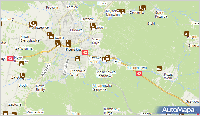 mapa Pomyków gmina Końskie, Pomyków gmina Końskie na mapie Targeo