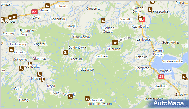 mapa Ponikiew gmina Wadowice, Ponikiew gmina Wadowice na mapie Targeo